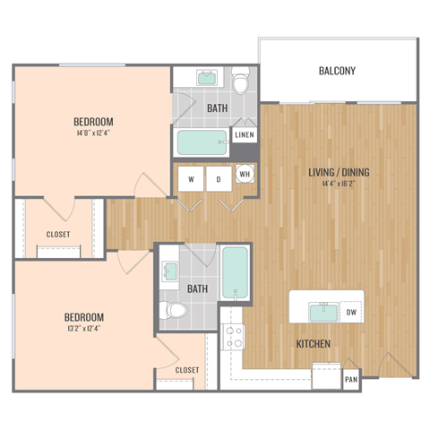 Floor plan for 2 beds, 2 baths, 1069 sqft